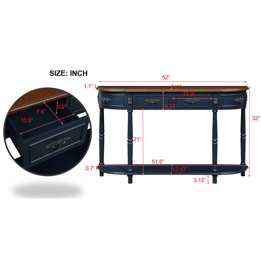 Retro Half-Moon Console Table with 2 Drawers & Open Shelf | 52" Curved Solid Wood Sofa Table — Navy Blue & Brown