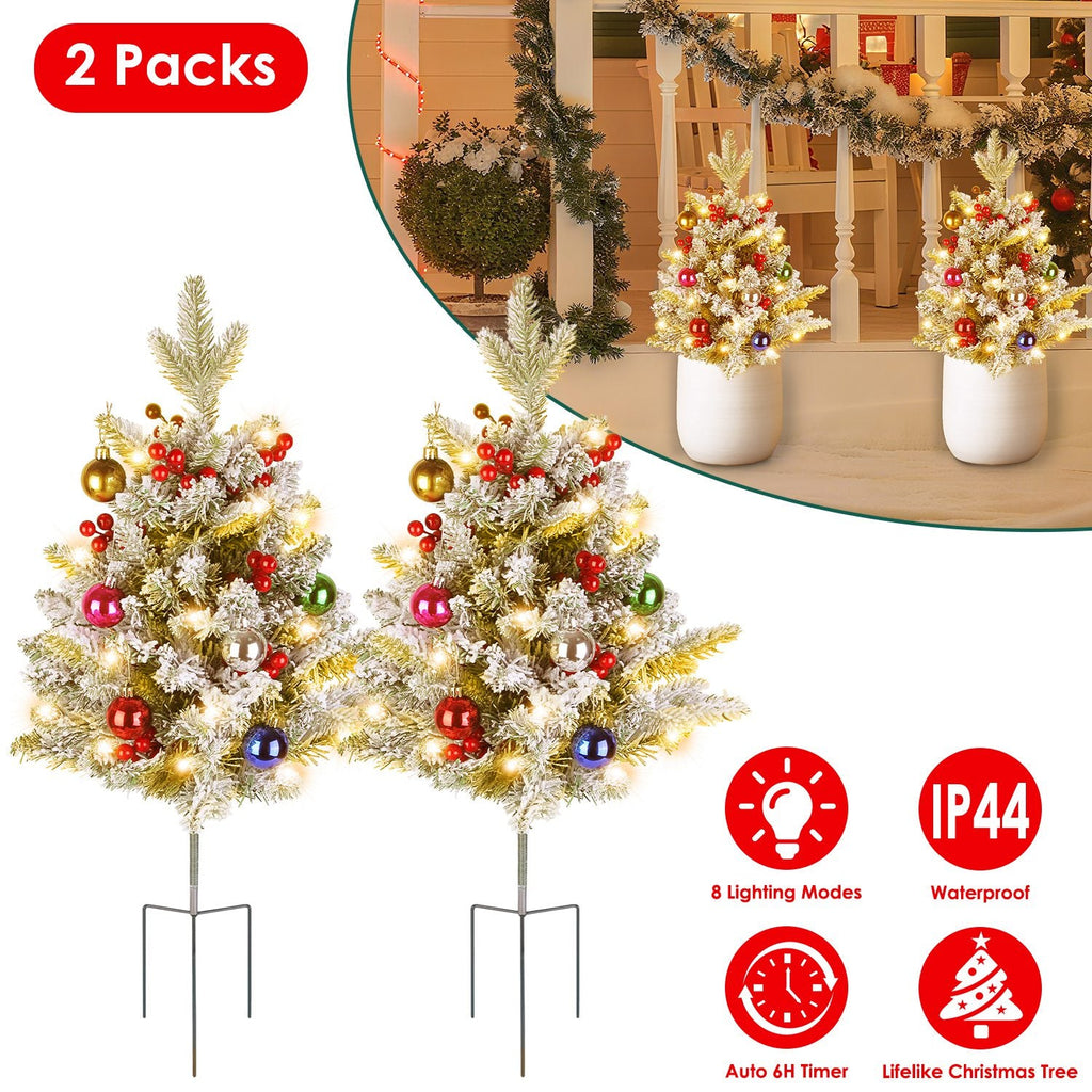 2Pcs Battery Powered Lighted Christmas Tree Urn Filler With Light Artificial Xmas Trees Light with Berries Balls LED Pathway Pine Tree IP44 Waterproof