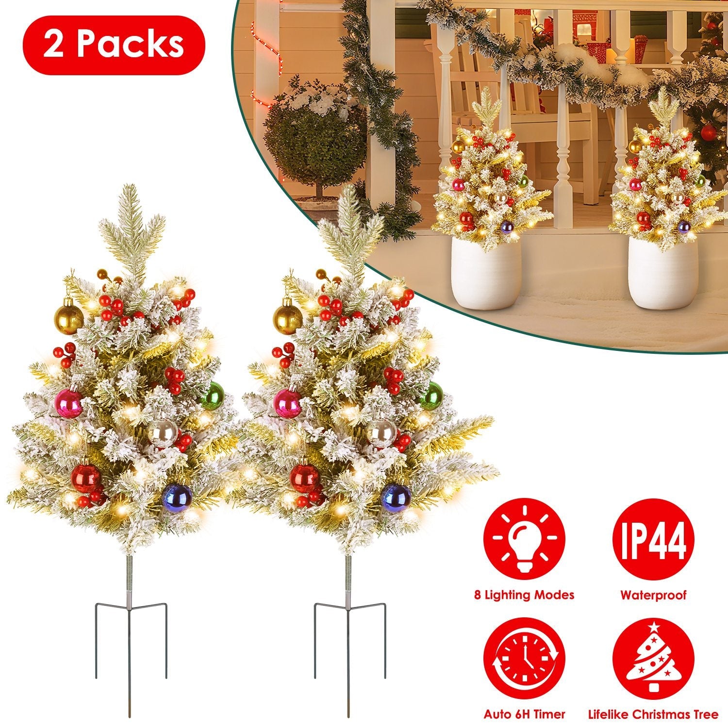 2Pcs Battery Powered Lighted Christmas Tree Urn Filler With Light Artificial Xmas Trees Light with Berries Balls LED Pathway Pine Tree IP44 Waterproof
