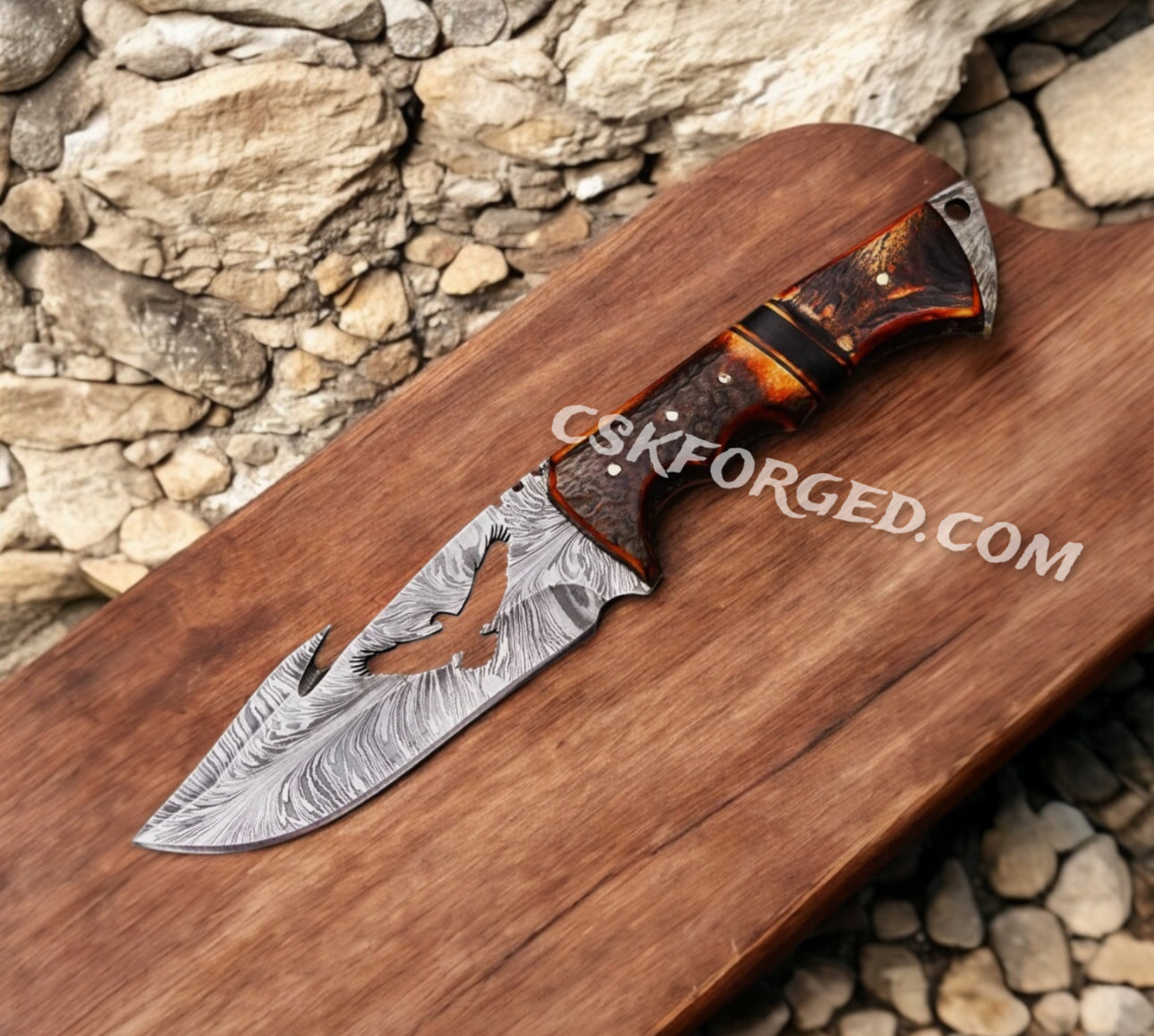 Eagle's Talon 11.5" Full Tang Hand Forged Fixed Blade Hook Damascus Steel Hunting Knife with Leather Sheath - PhishStones Products