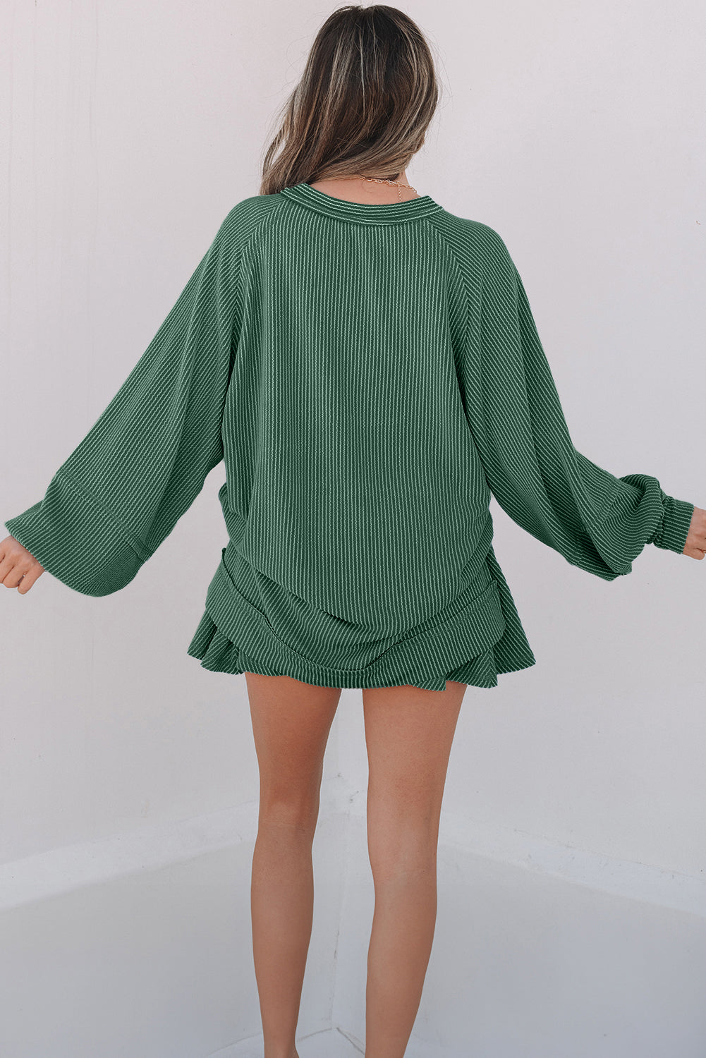 Jet Stream Corded Lantern Sleeve Top High Waist Ruffled Mini Skirt Set