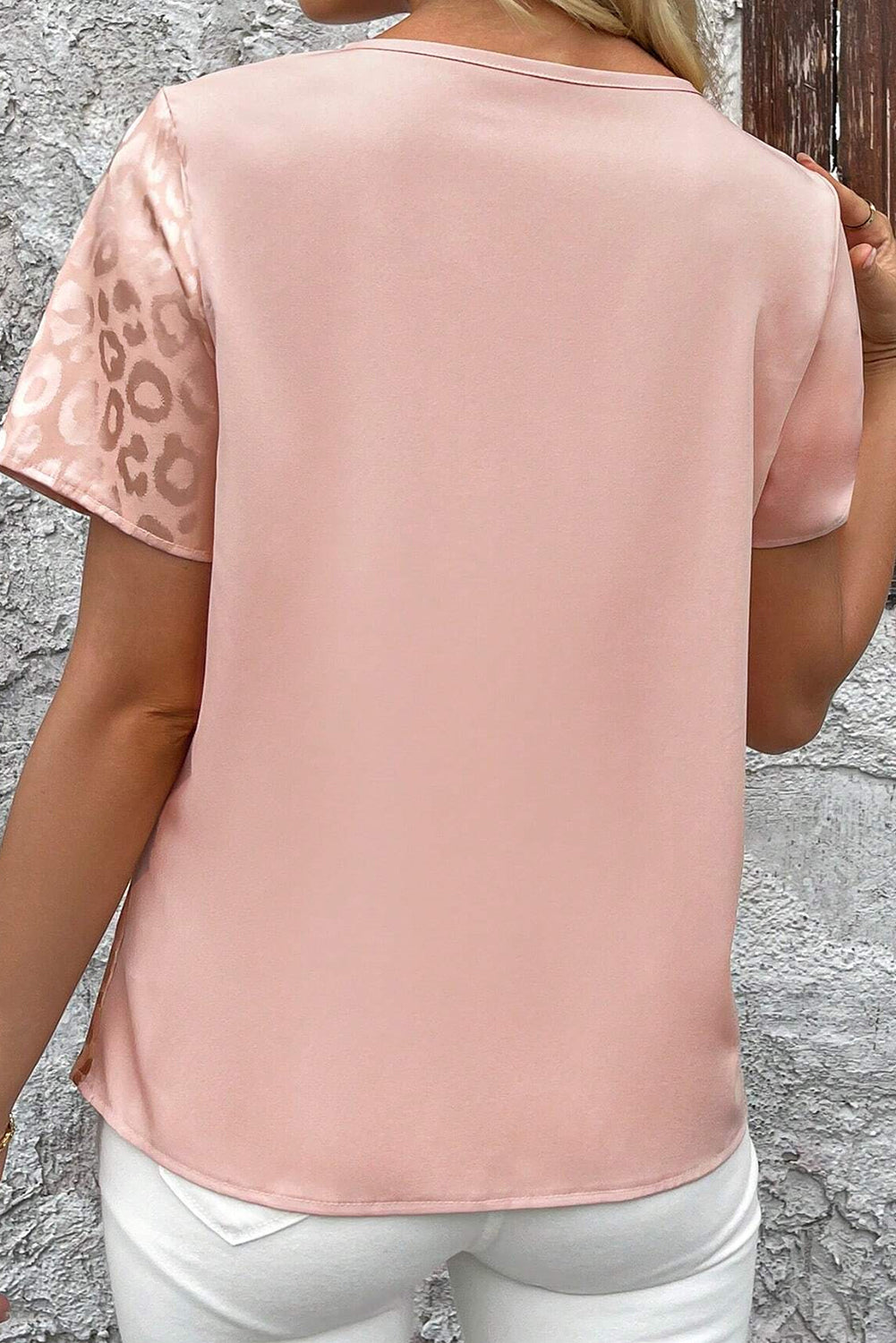 Apricot Pink Leopard Patchwork Cross Strappy V Neck Blouse