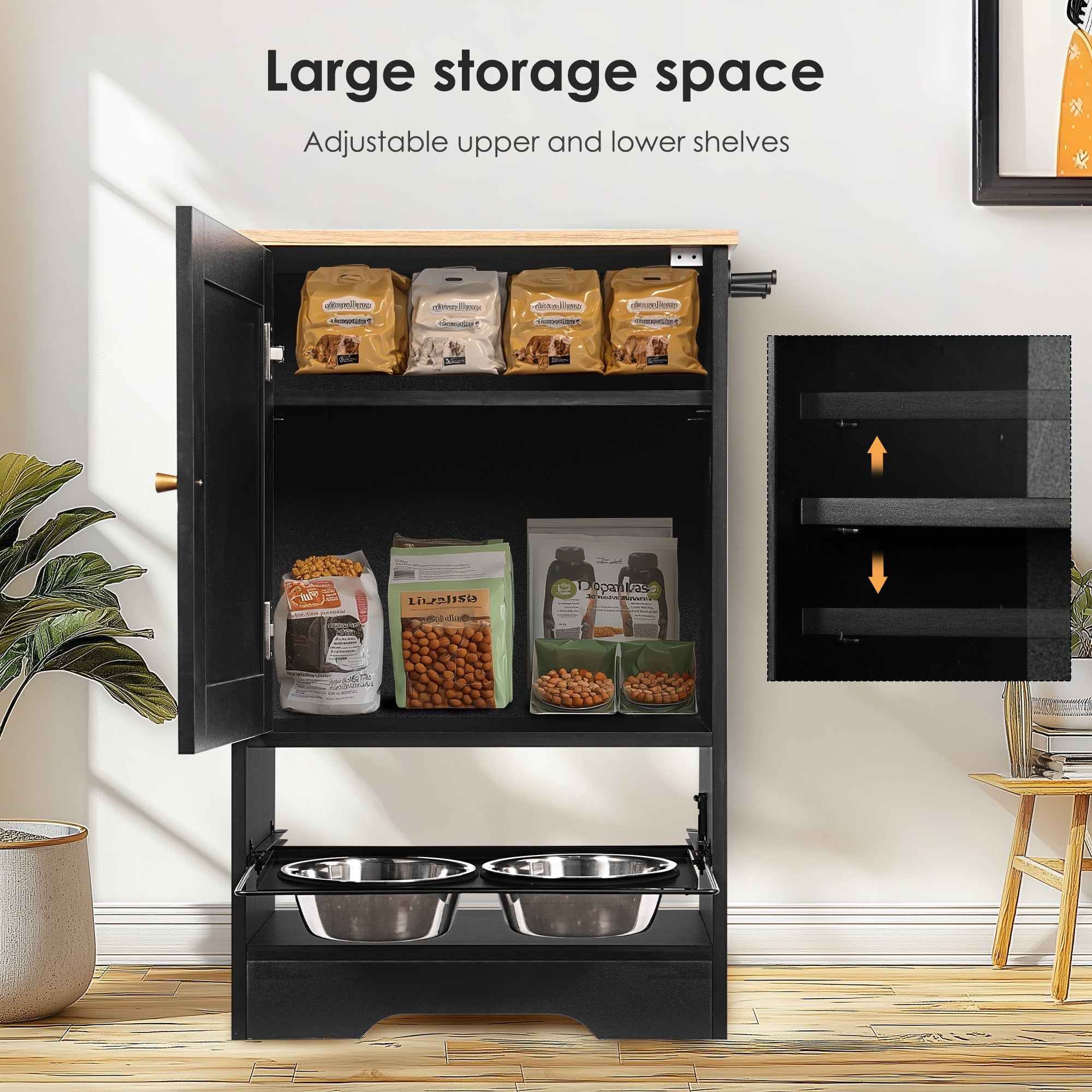 Feeding Station with 1 Storage Cabinets, Pet Feeding Station with 2 Elevated Dog Bowls, Side Hooks, Anti-tip Kit, Hidden Pet Feeder Station for Feeding & Watering, Black