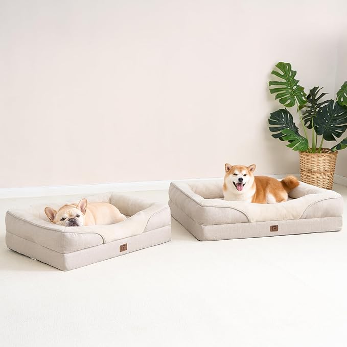 EHEYCIGA Memory Foam Dog Bed for Medium Size, Orthopedic Dog Sofa with Sides and Waterproof Liner, Washable Bolster Pet Bed Couch with Removable Cover, 30x20x6.5 Inch, Beige - PhishStones Products