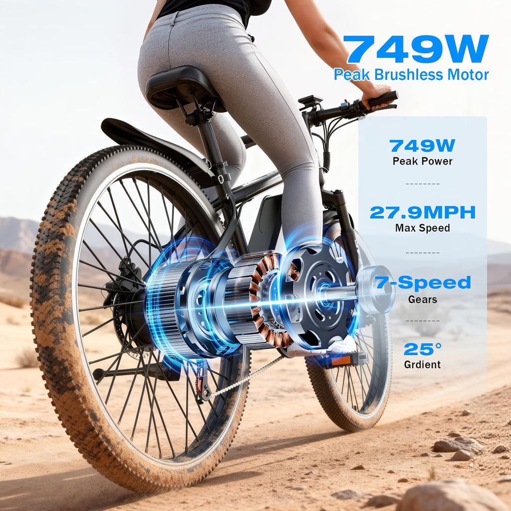 Electric Bike for Adults, 749W Peak Mountain Ebike with 27.9 MPH, 45 Miles Range, 7 Speeds, 48V 10Ah Removable Battery Ebike, 26" Electric Bicycle for Commute