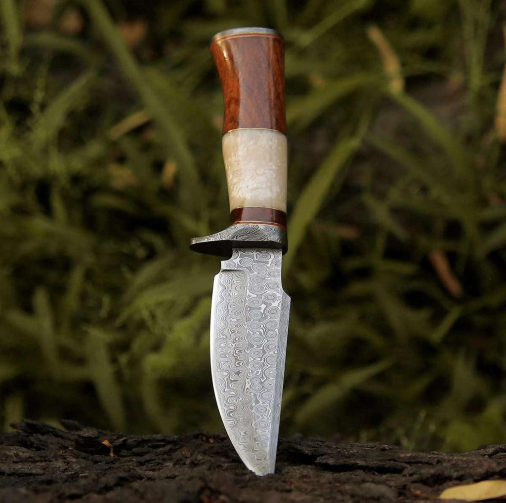ELITE DAMASCUS HUNTING KNIFE WITH MOTHER OF PEARL & ROSE WOOD HANDLE - PhishStones Products