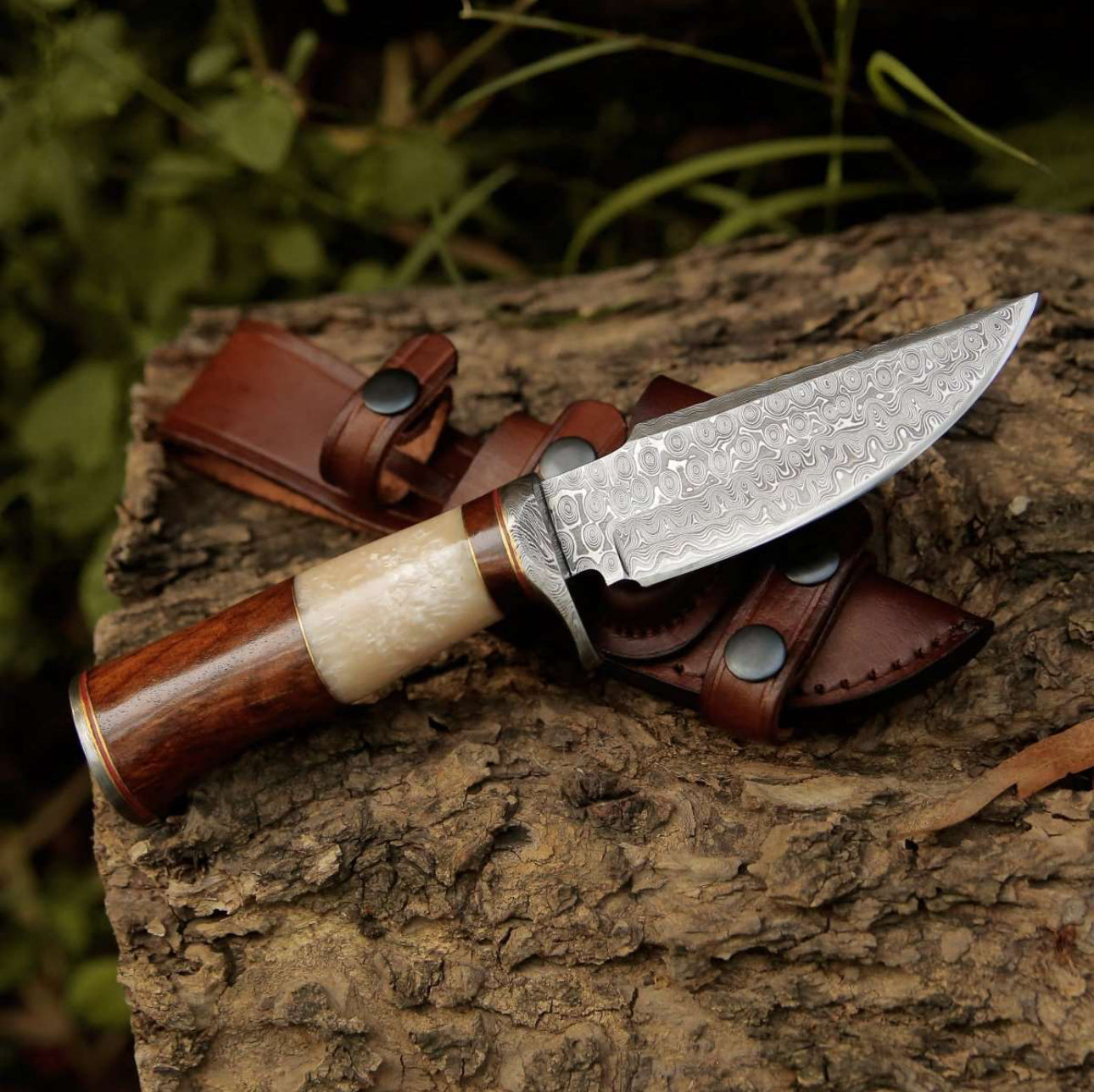 ELITE DAMASCUS HUNTING KNIFE WITH MOTHER OF PEARL & ROSE WOOD HANDLE - PhishStones Products