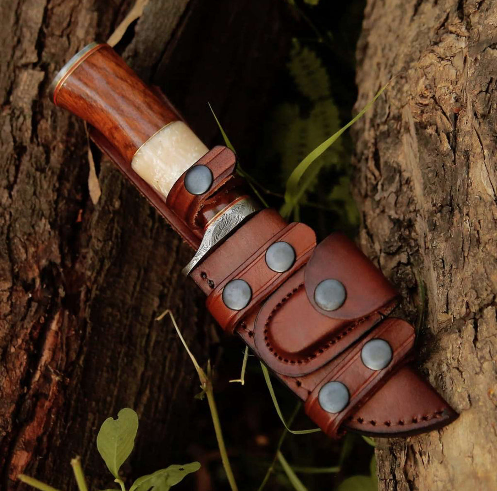 ELITE DAMASCUS HUNTING KNIFE WITH MOTHER OF PEARL & ROSE WOOD HANDLE - PhishStones Products