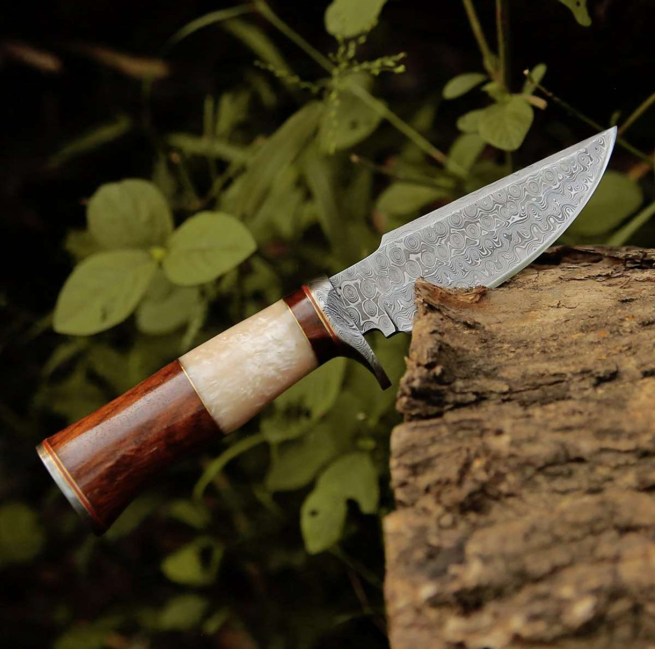 ELITE DAMASCUS HUNTING KNIFE WITH MOTHER OF PEARL & ROSE WOOD HANDLE - PhishStones Products