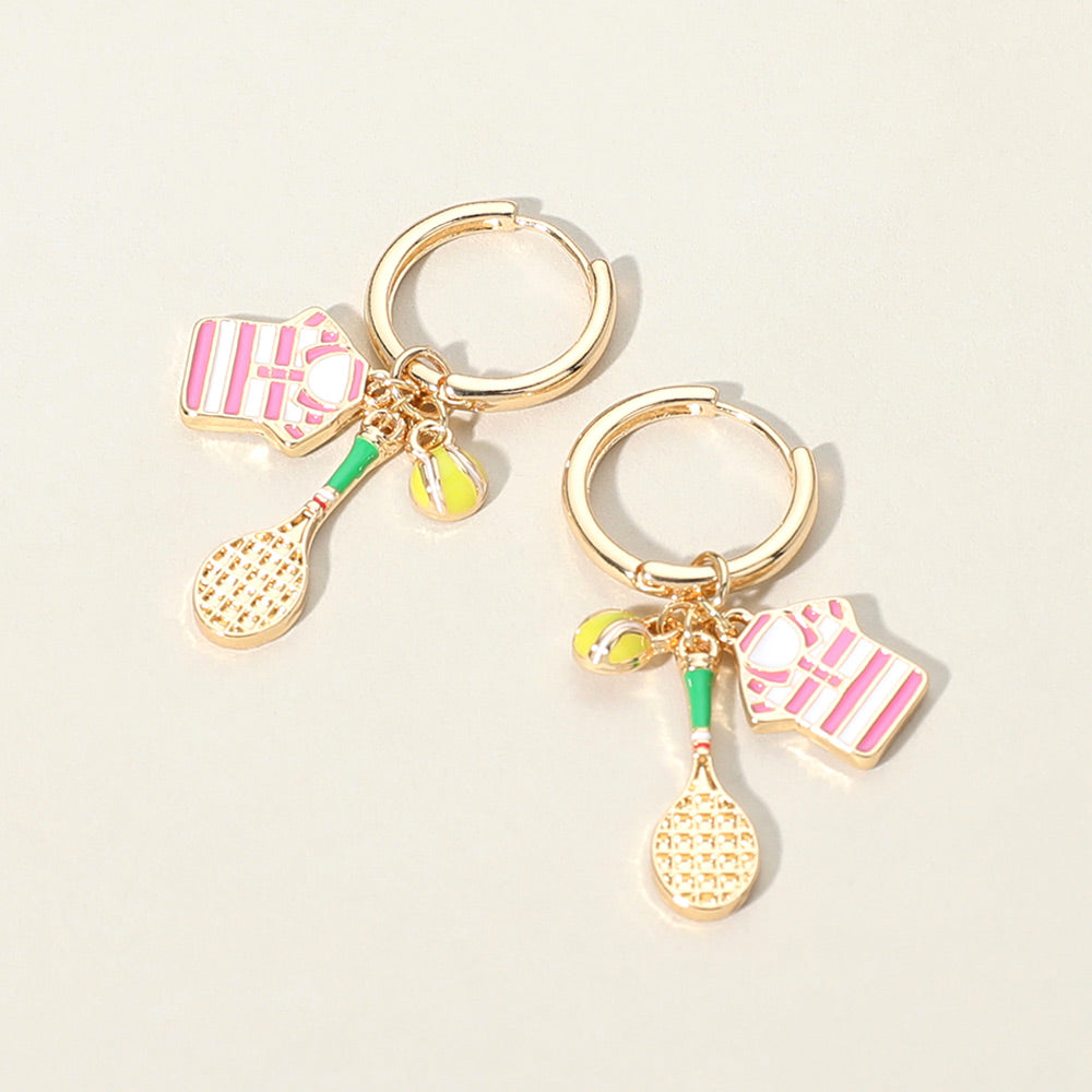 Enamel Tennis Charm Dangle Huggie Hoop Earrings