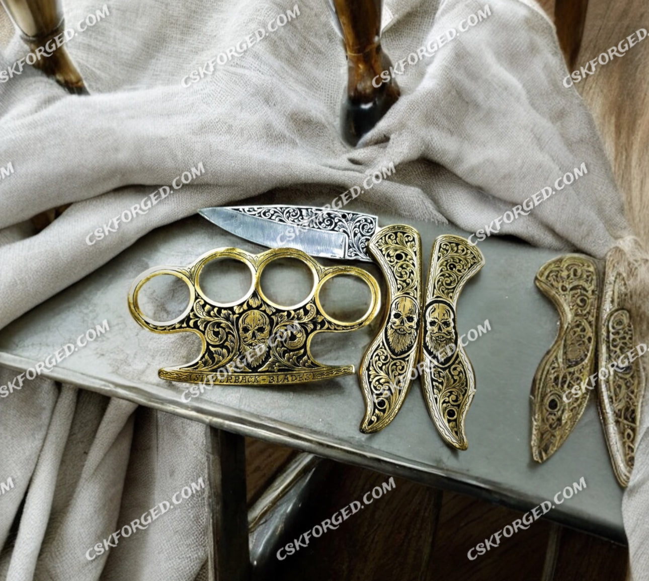 Engraved Brass Knuckle Set – Ornate Skull Design With Pocket Knife - PhishStones Products