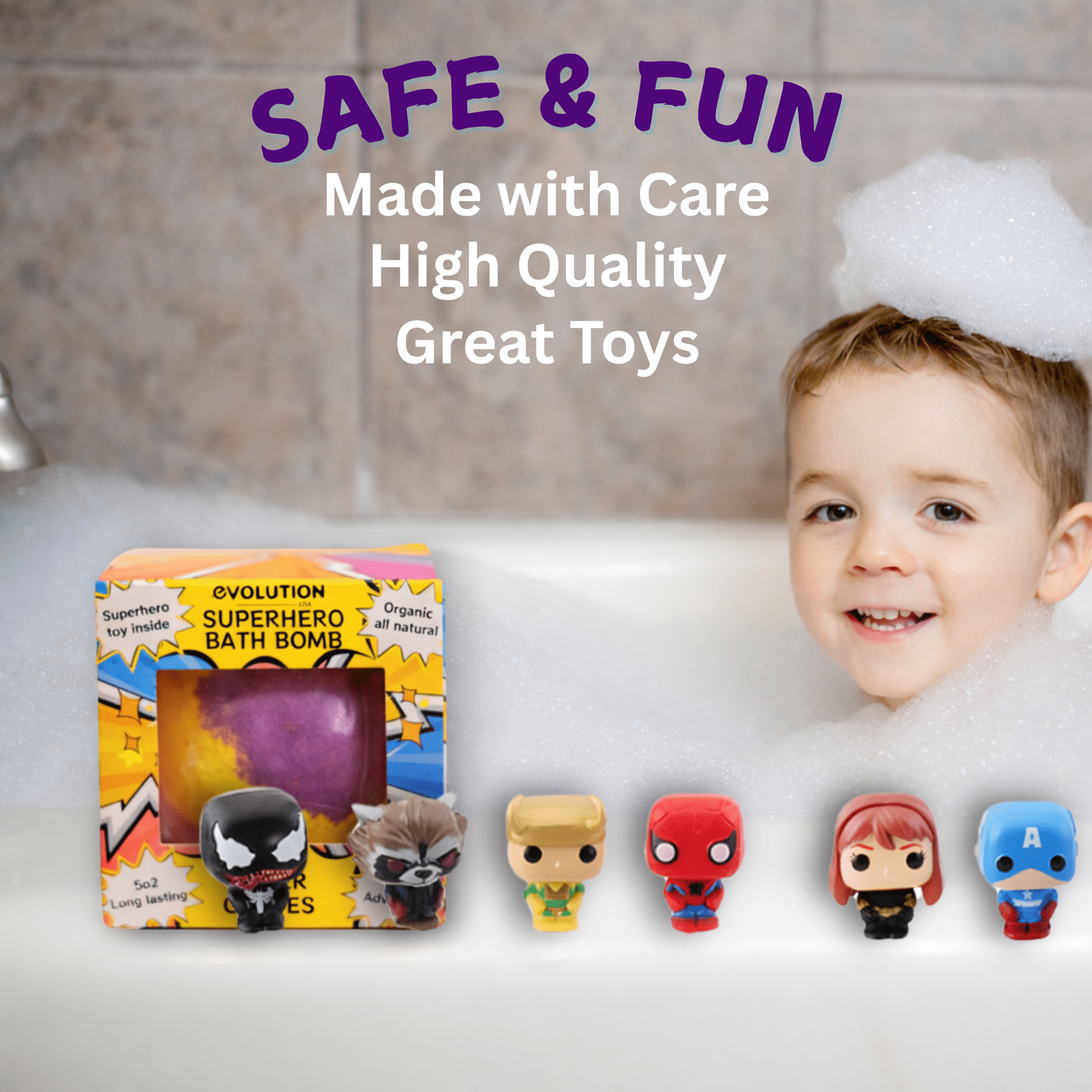 EvolutionUSA 1pc Epic Superhero Bath Bombs for Kids – Super Hero Bath Bomb with Toy Inside, Lush Children Bathbomb Easter, Organic Bathbomb with Surprise Inside, Fun Superhero Bath Fizzer Valentines - PhishStones Products