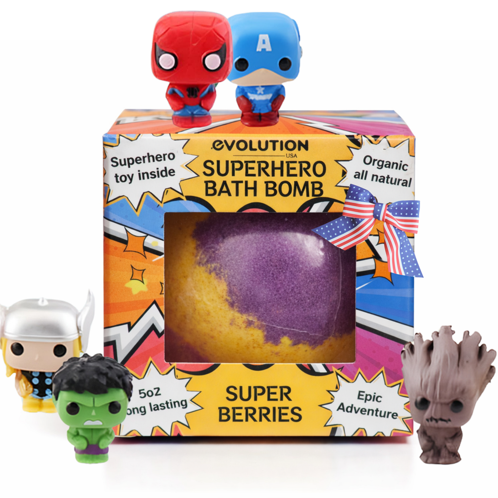 EvolutionUSA 1pc Epic Superhero Bath Bombs for Kids – Super Hero Bath Bomb with Toy Inside, Lush Children Bathbomb Easter, Organic Bathbomb with Surprise Inside, Fun Superhero Bath Fizzer Valentines - PhishStones Products
