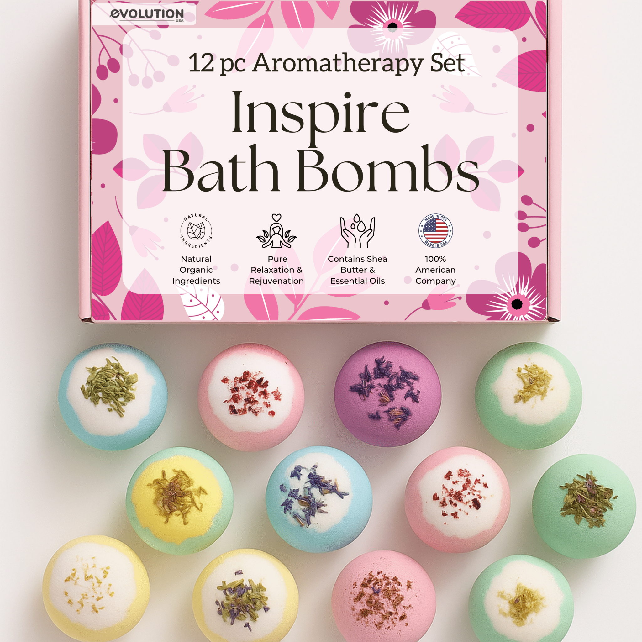 EvolutionUSA Inspire Bath Bombs for Women & Girls – 12 Flower Topped Bath Bombs Girls, Lush Womans Bathbomb Set, Organic Bath Fizzers, Luxury Gift Mothers Day, Birthday, Valentines, Easter or Self Care - PhishStones Products