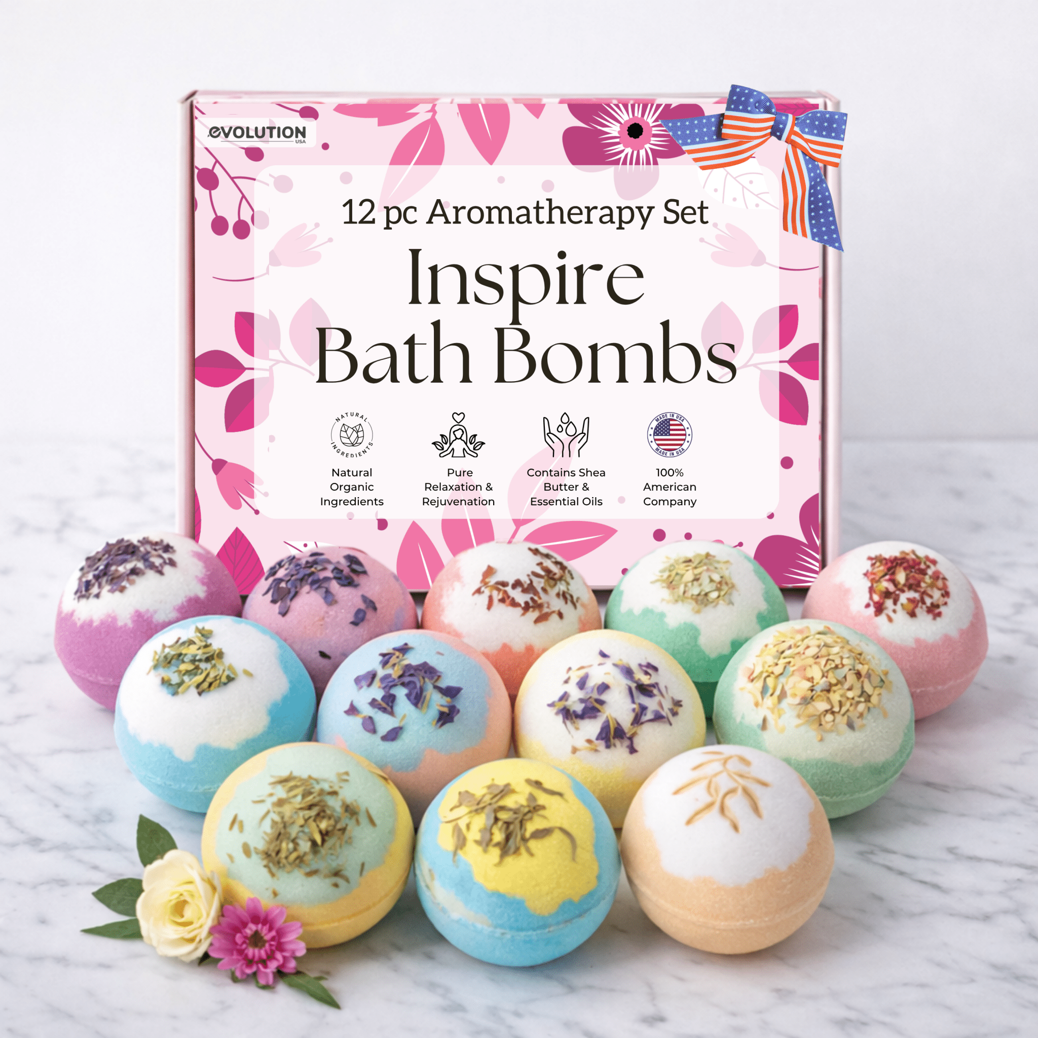 EvolutionUSA Inspire Bath Bombs for Women & Girls – 12 Flower Topped Bath Bombs Girls, Lush Womans Bathbomb Set, Organic Bath Fizzers, Luxury Gift Mothers Day, Birthday, Valentines, Easter or Self Care - PhishStones Products