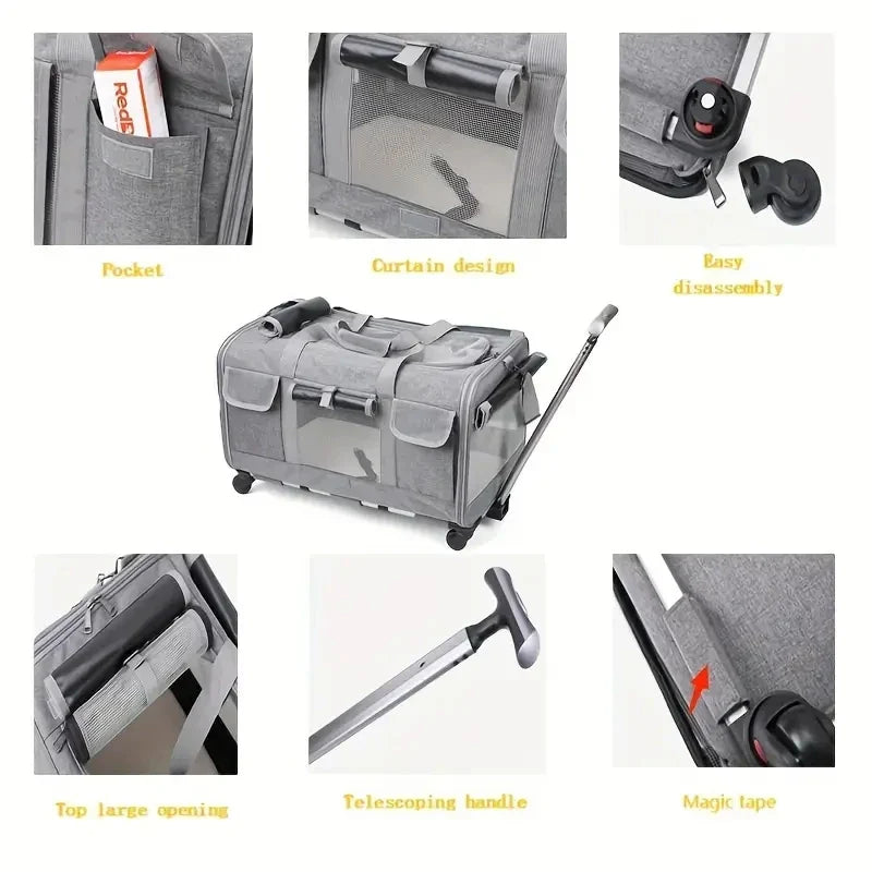 Extra Large Foldable Pet Trolley Carrier - Detachable Dog & Cat Travel Bag, 44 x 60 x 39 cm (17.3 x 23.6 x 15.4 in) - PhishStones Products