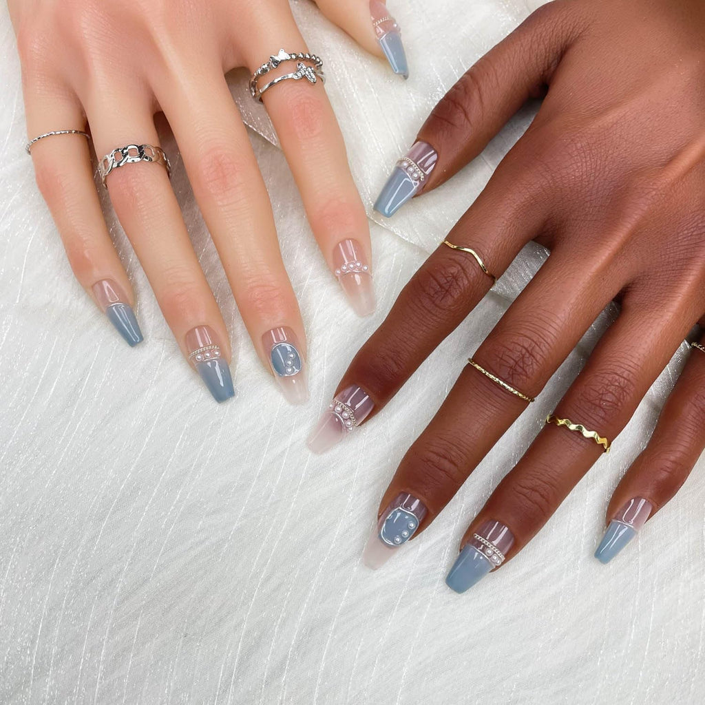 GGDDSHA Press On Nails Short, No Fade Out Fake NailsSeamless Fit Soft Gel Glue On Nails Charms For WomenHandmade Nail Art Manicure Gradient,AzureEssence