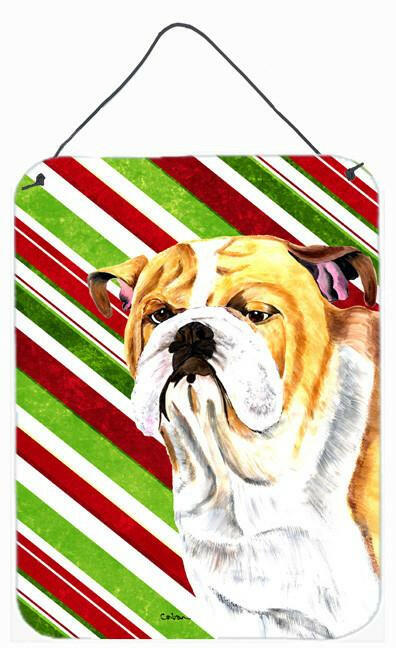 Bulldog English Candy Cane Holiday Christmas Wall or Door Hanging Prints Aluminum Metal Sign Kitchen Wall Bar Bathroom Plaque Home Decor Front Door Plaque, 12x16, Multicolor