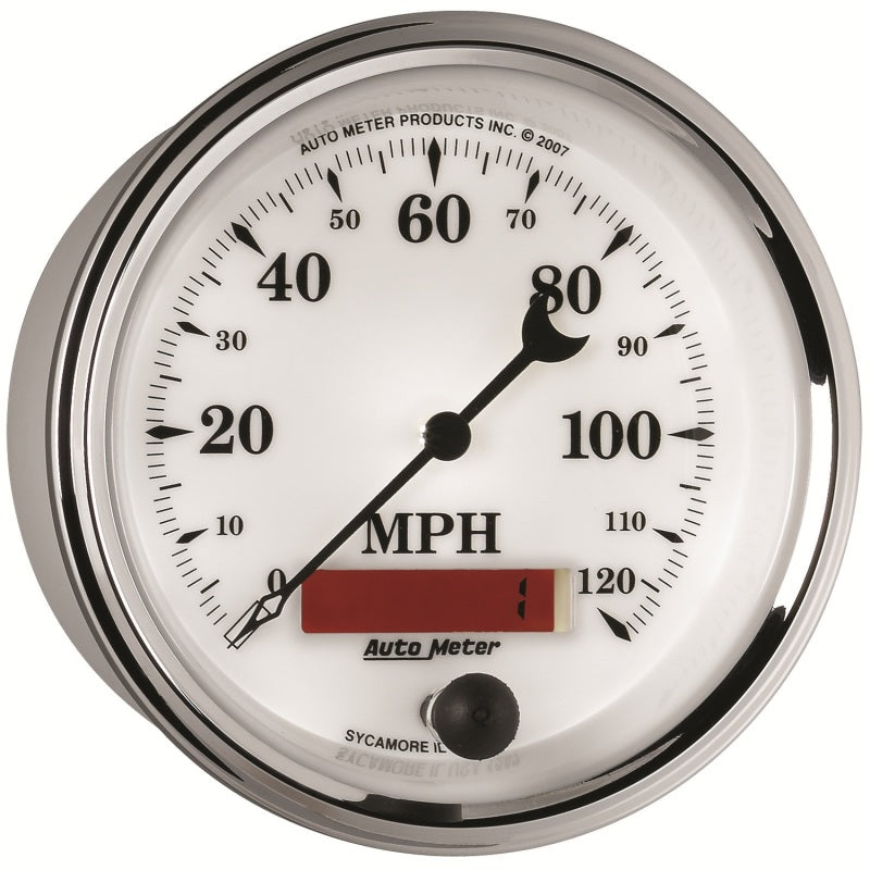 AutoMeter Gauge Speedometer 3-3/8in. 120MPH Elec. Prog. W/ Lcd Odo Old Tyme Wht II 1287