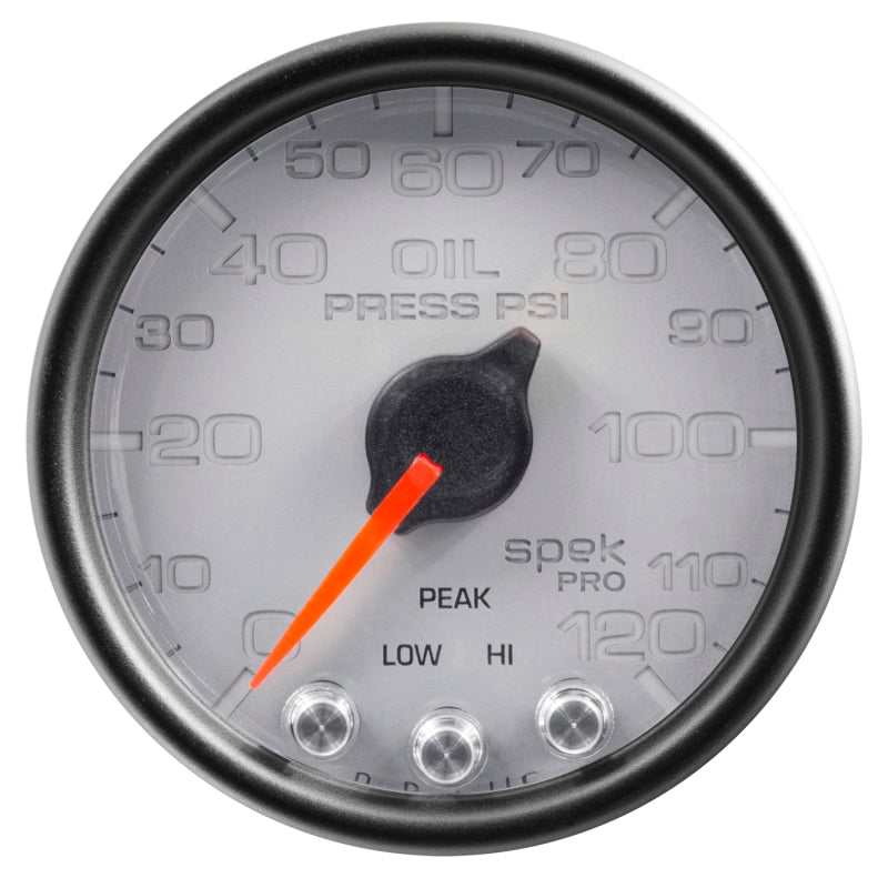 AutoMeter Gauge Oil Press 2-1/16in. 120PSI Stepper Motor W/Peak & Warn Slvr/Blk Spek P32522