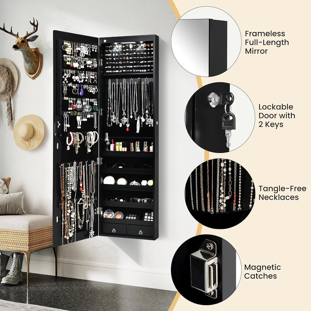 Wall Door Mounted Jewelry Armoire Cabinet with 47.5" H Full Length Mirror, 2 Leds Lockable Jewelry Organizer Box with Bracelet Rod, 2 Drawers, Large Storage Capacity (Black)