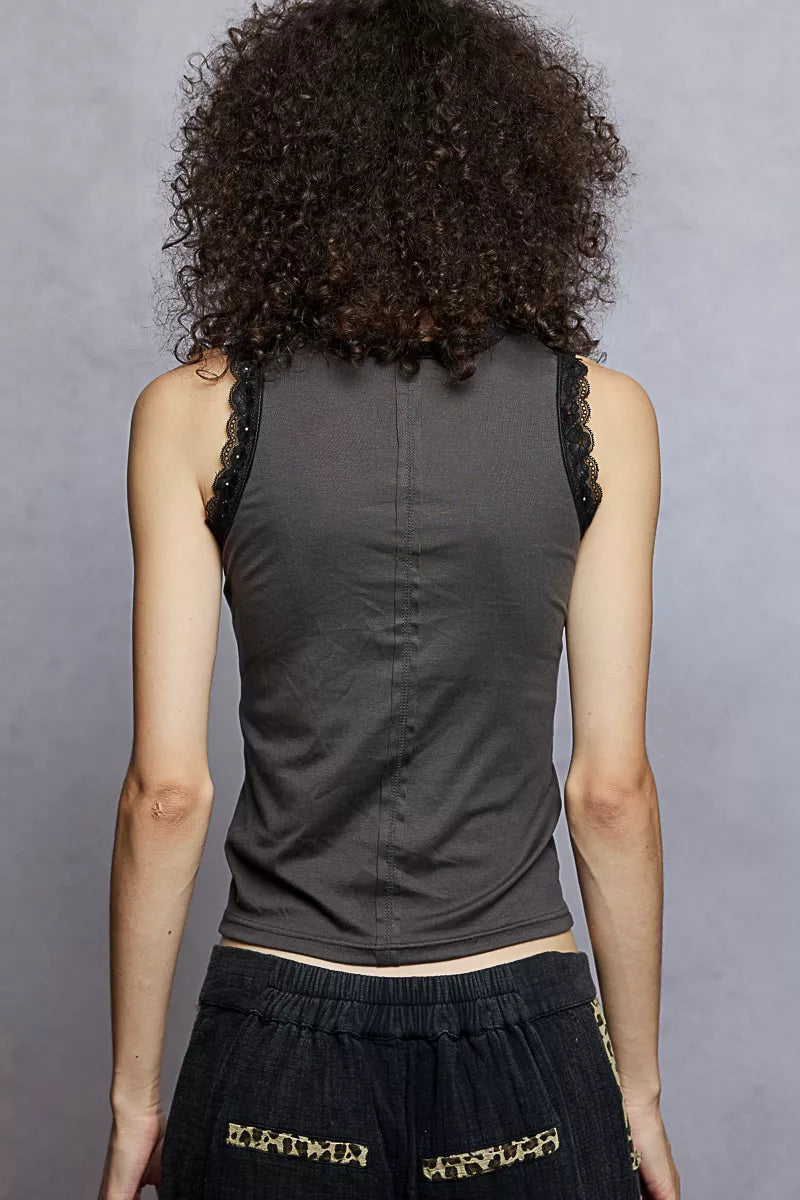 POL Round Neck Cropped Tank with Lace Trim