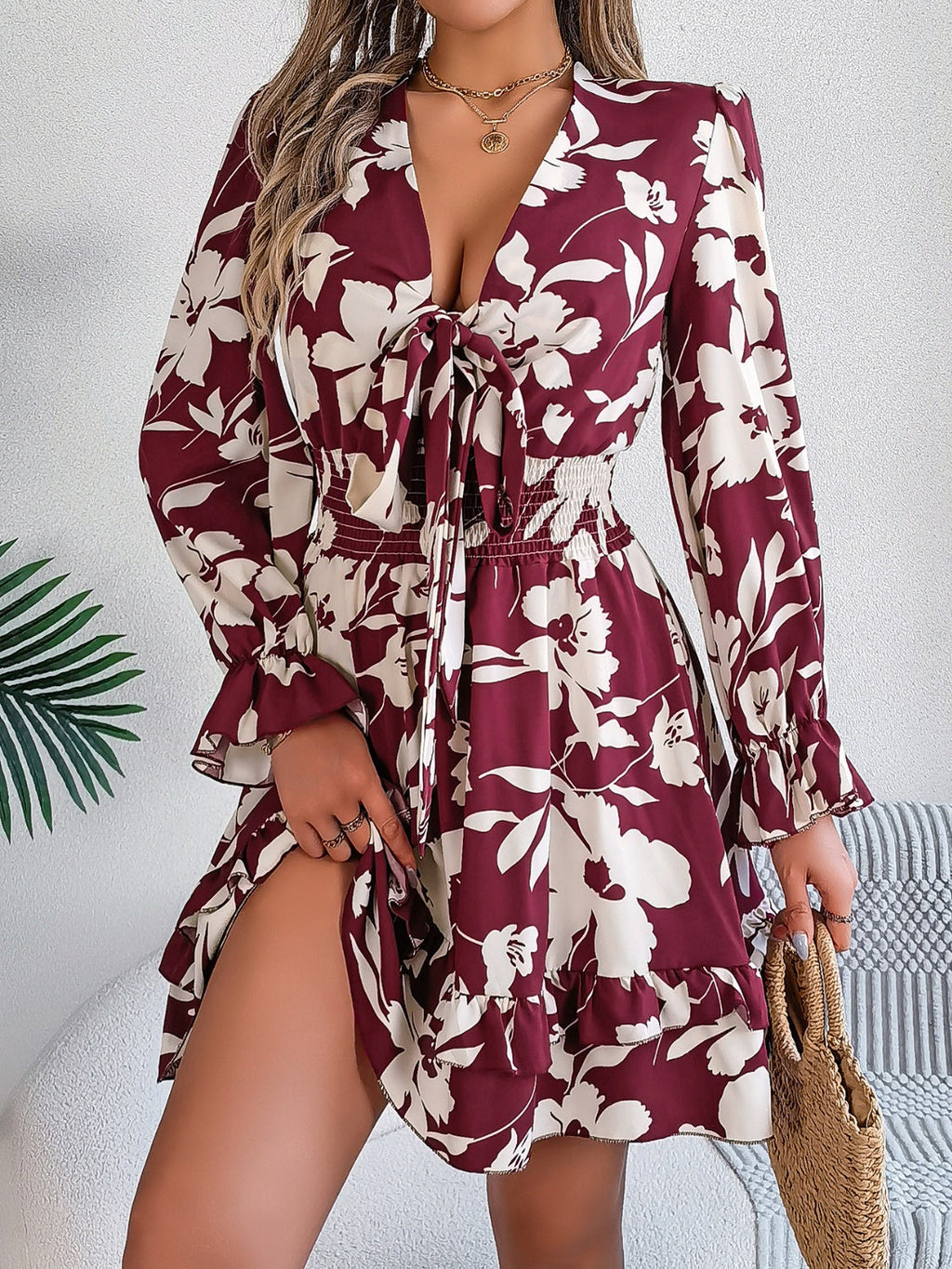 Feminine Lilac Ruffled Printed Long Sleeve Dress Summer Cute Midi Dress