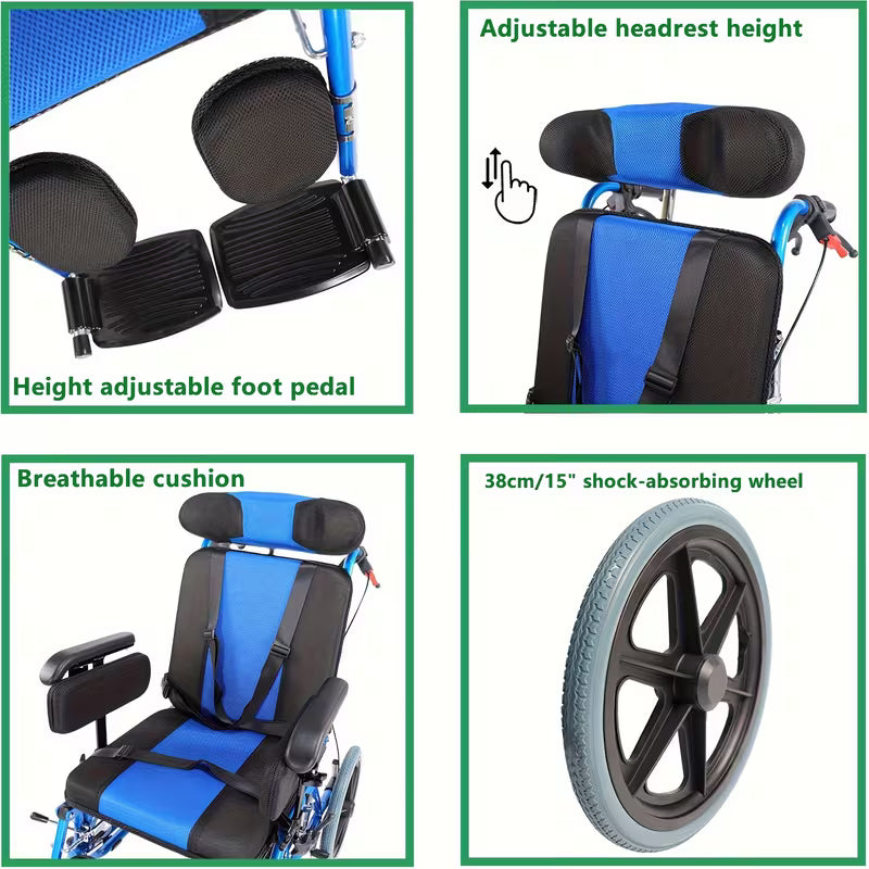 Reclining Foldable Pediatric Wheelchair for Kids & Children Cerebral Palsy, 17"Seat Width, 15"Rear Wheel Manual Folding Multi-Functional Wheelchairs