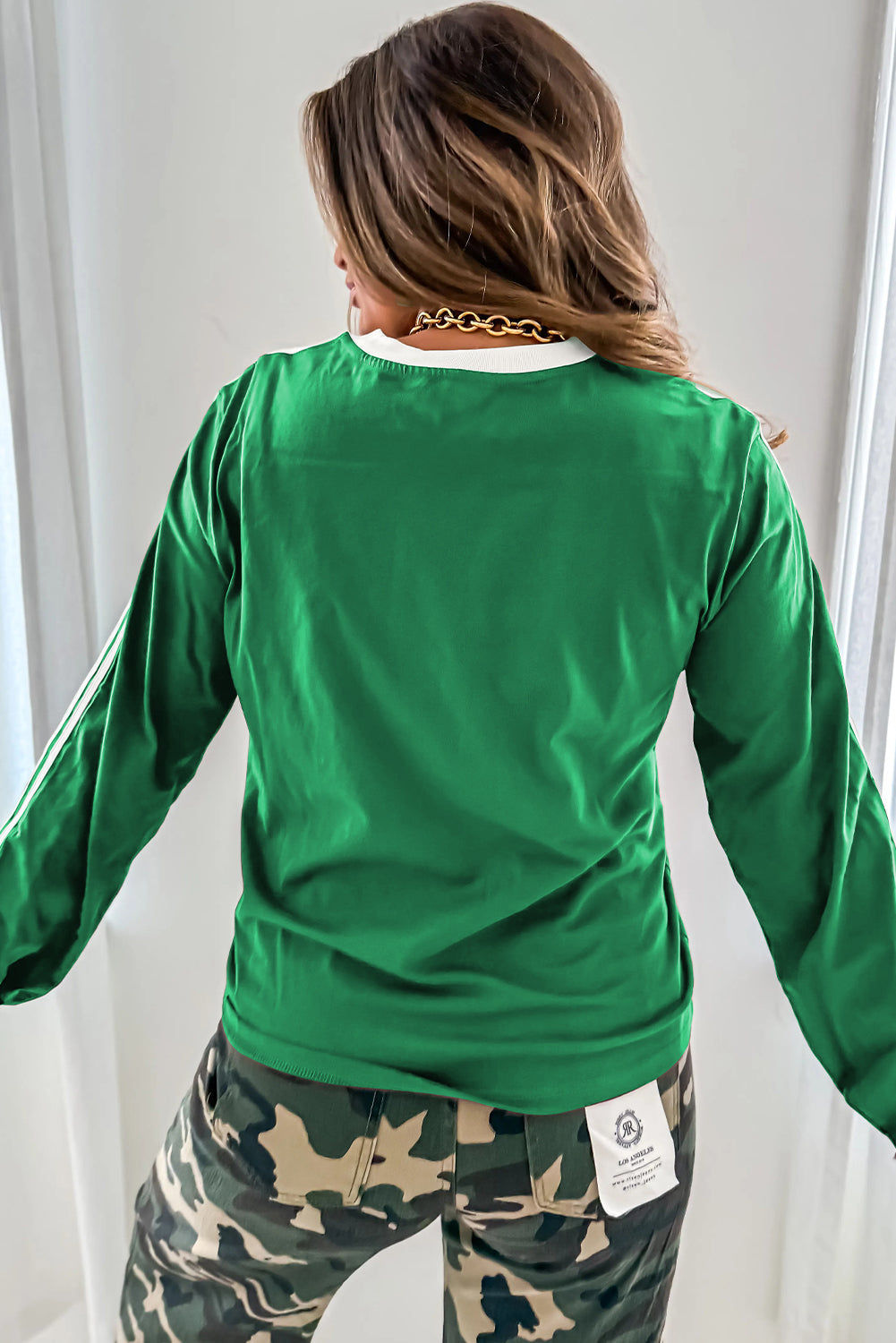 Bright Green Varsity Striped Accent Contrast Crew Neck Long Sleeve T Shirt