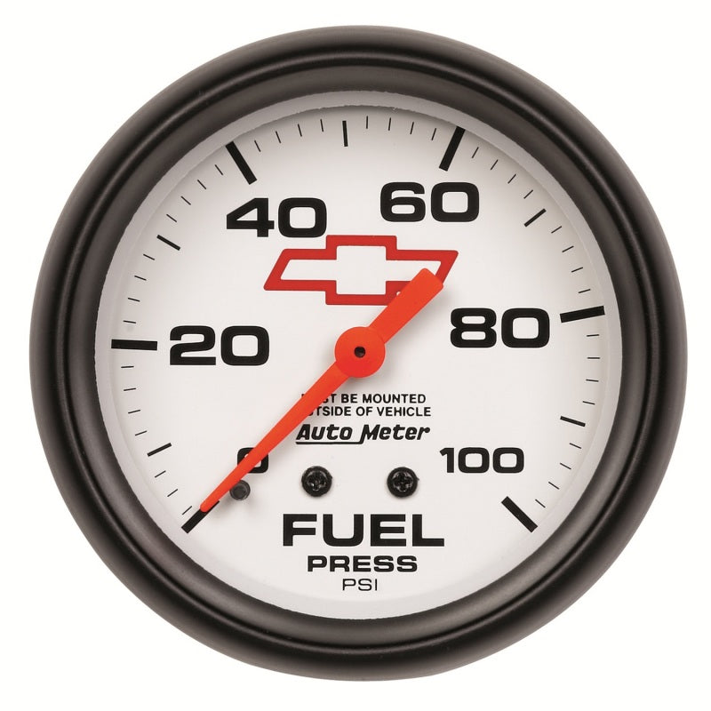 AutoMeter Gauge Fuel Press 2-5/8in. 100PSI Mechanical Chevy Red Bowtie White 5812-00406