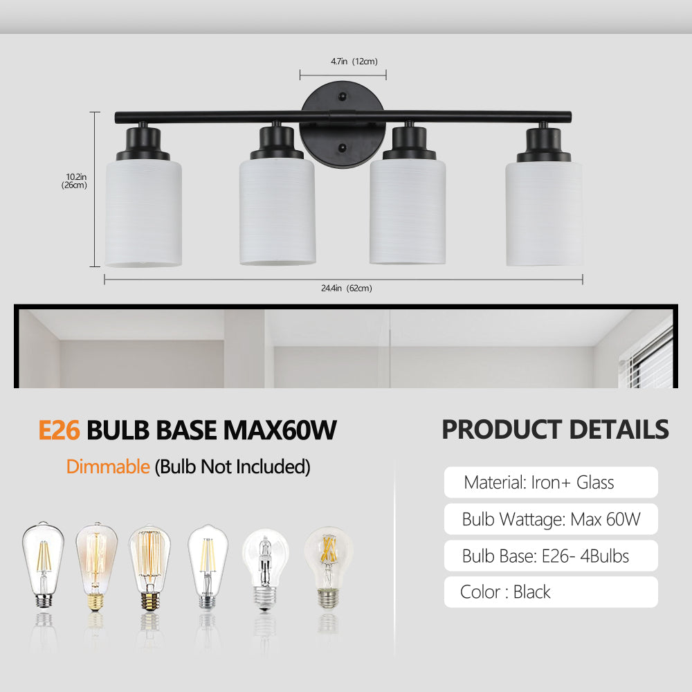 Vanity Light Fixture | 4/5/6/8-Light Bathroom Wall Sconce with Frosted White Glass & Iron Frame — Black, Chrome or Gold, 4 Sizes