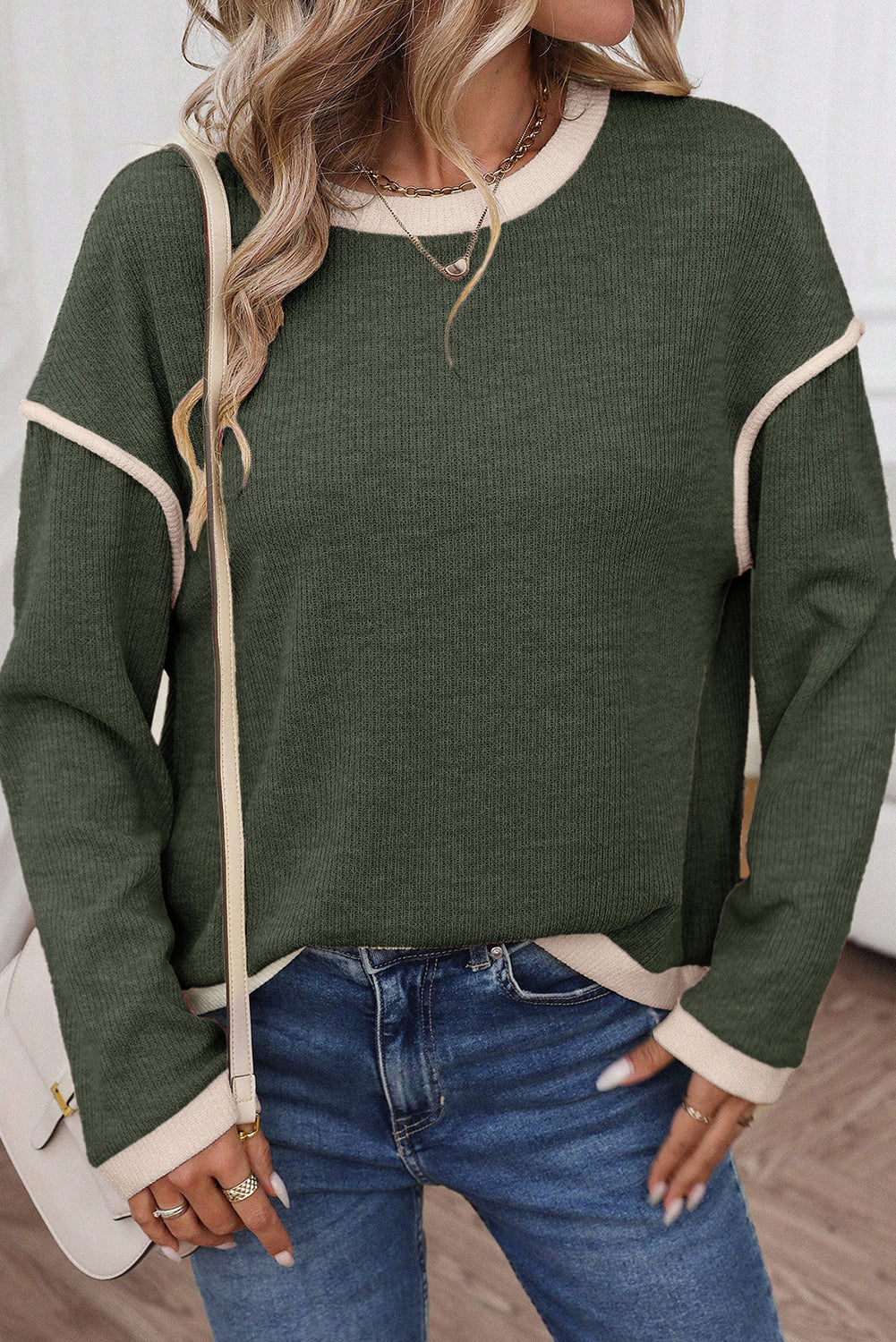 Four Leaf Clover Contrast Color Trim Knit Drop Shoulder Loose Top
