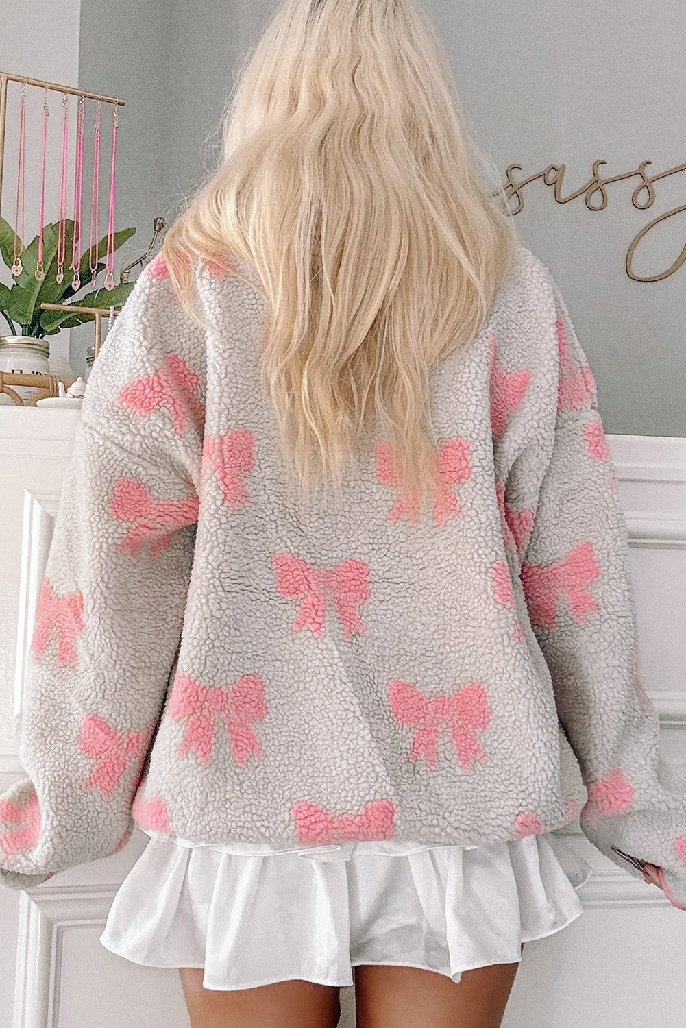 Gray Quarter Zip Bow Pattern Sherpa Baggy Sweatshirt