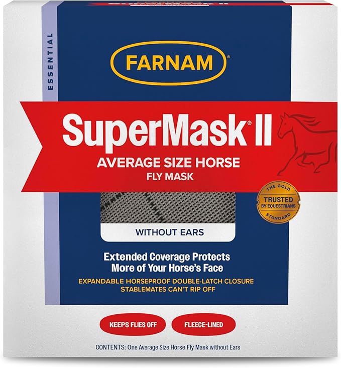 Farnam SuperMask II horse fly mask without ears, extended coverage, protects eyes from insects and debris, adjustable throat latch, Average Horse Size - PhishStones Products