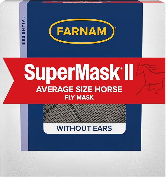 Farnam SuperMask II horse fly mask without ears, extended coverage, protects eyes from insects and debris, adjustable throat latch, Average Horse Size - PhishStones Products