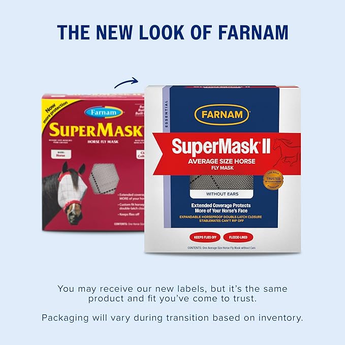 Farnam SuperMask II horse fly mask without ears, extended coverage, protects eyes from insects and debris, adjustable throat latch, Average Horse Size - PhishStones Products