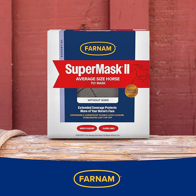 Farnam SuperMask II horse fly mask without ears, extended coverage, protects eyes from insects and debris, adjustable throat latch, Average Horse Size - PhishStones Products