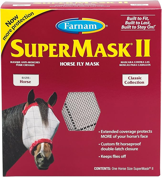 Farnam SuperMask II horse fly mask without ears, extended coverage, protects eyes from insects and debris, adjustable throat latch, Average Horse Size - PhishStones Products