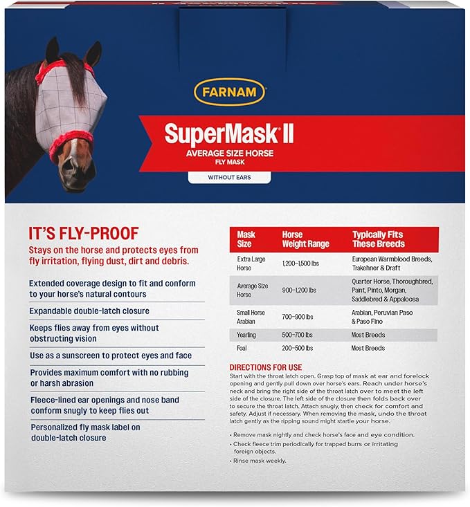 Farnam SuperMask II horse fly mask without ears, extended coverage, protects eyes from insects and debris, adjustable throat latch, Average Horse Size - PhishStones Products