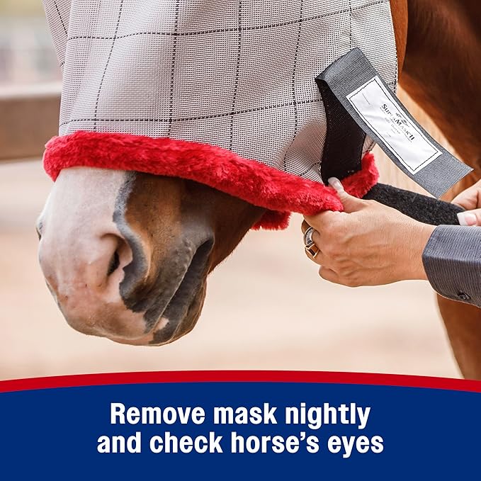 Farnam SuperMask II horse fly mask without ears, extended coverage, protects eyes from insects and debris, adjustable throat latch, Average Horse Size - PhishStones Products