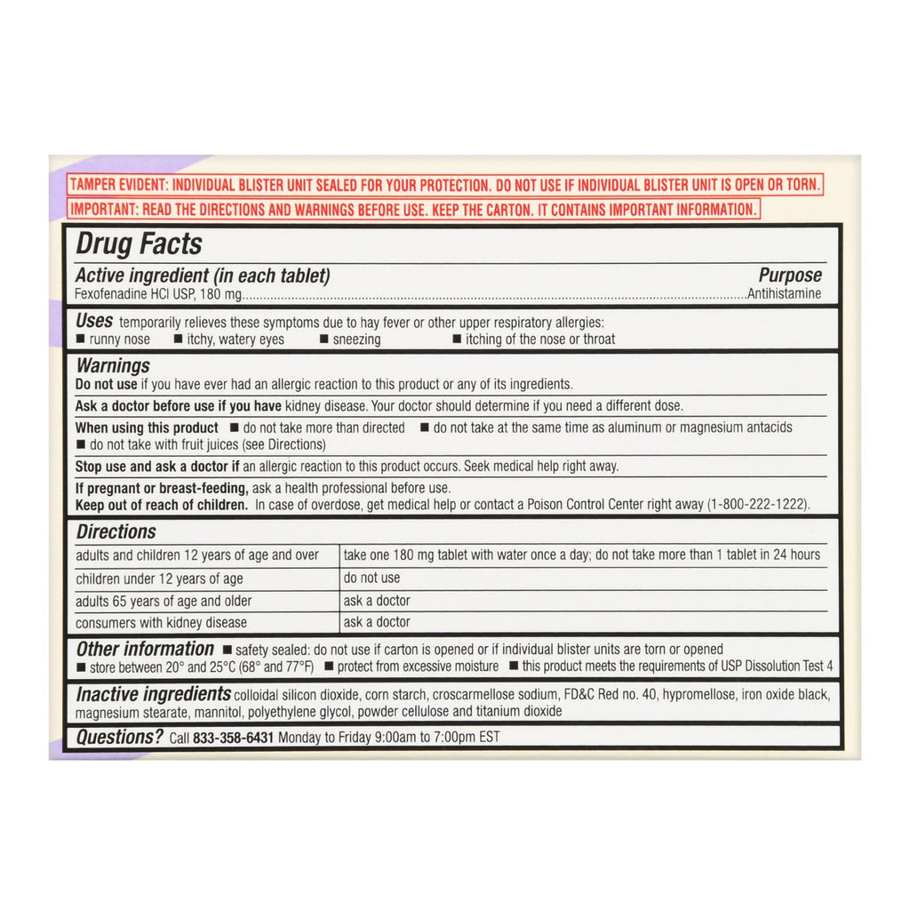 Foster & Thrive™ 24 Hour Allergy Relief Fexofenadine HCl USP 180 mg Tablets 70677100901