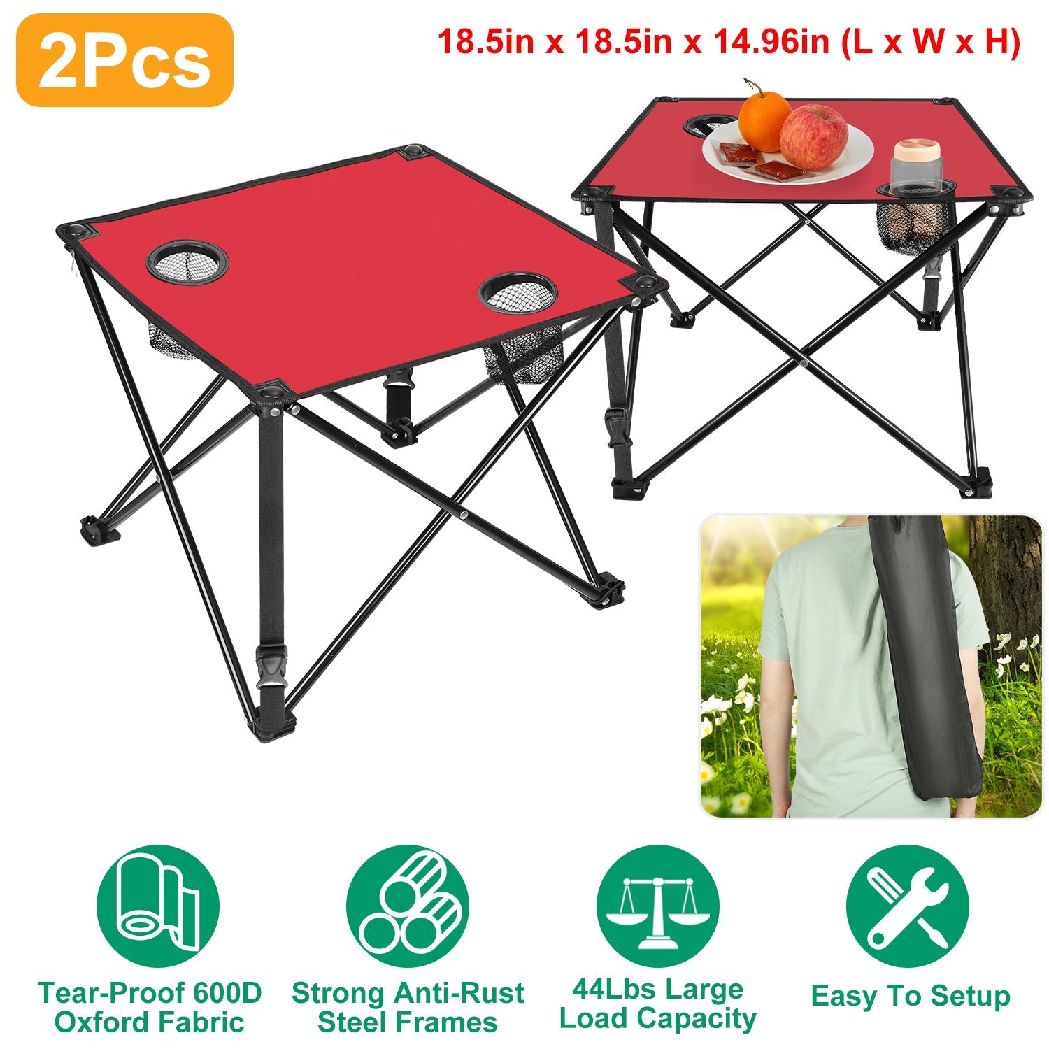 2Pcs Foldable Camping Table Portable Picnic Table Lightweight Travel Desk with 2 Cup Holders/Table Carrying Bag