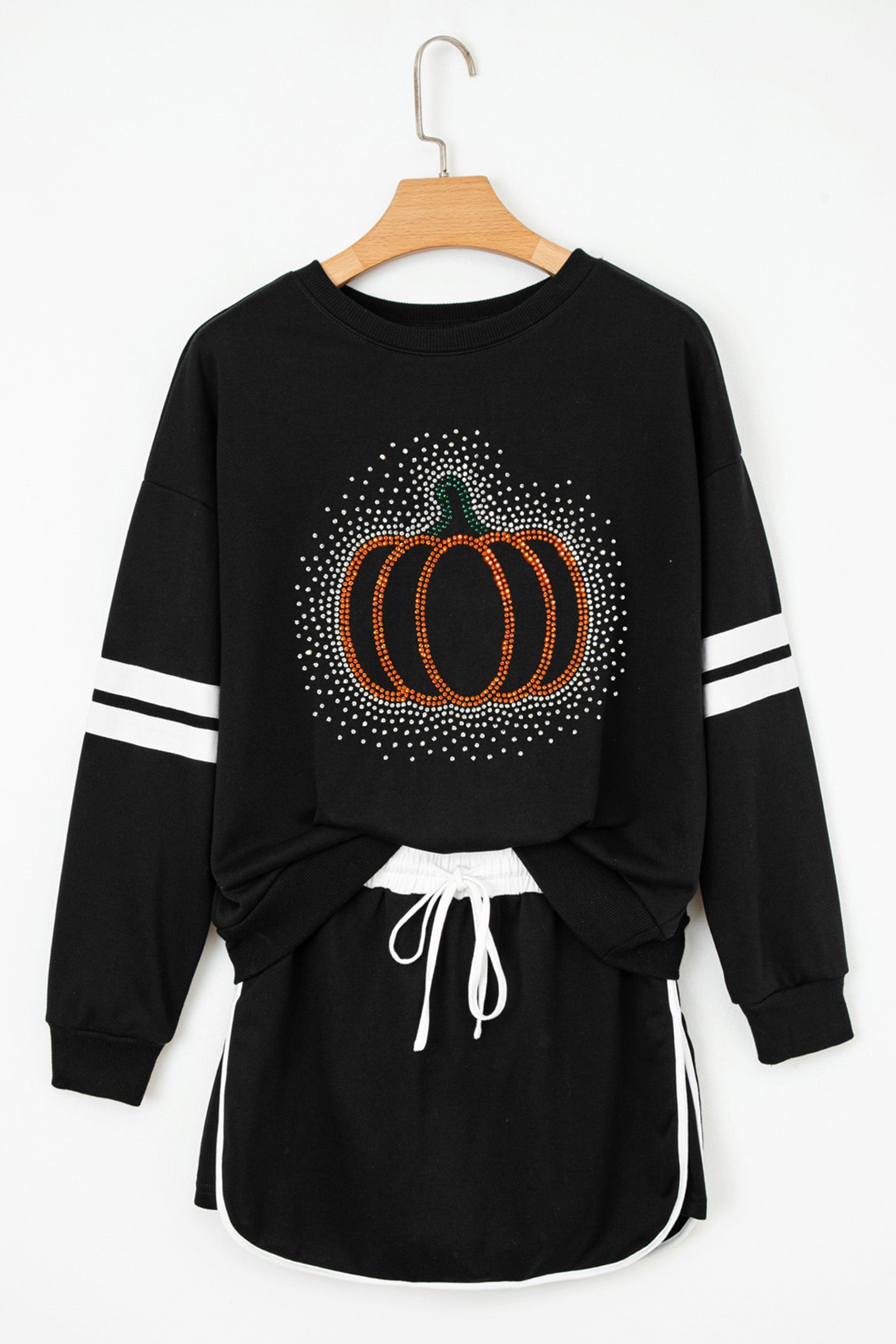 Black Rhinestone Pumpkin Graphic Varsity Striped Long Sleeve Top Drawstring Mini Skort 2pcs Set