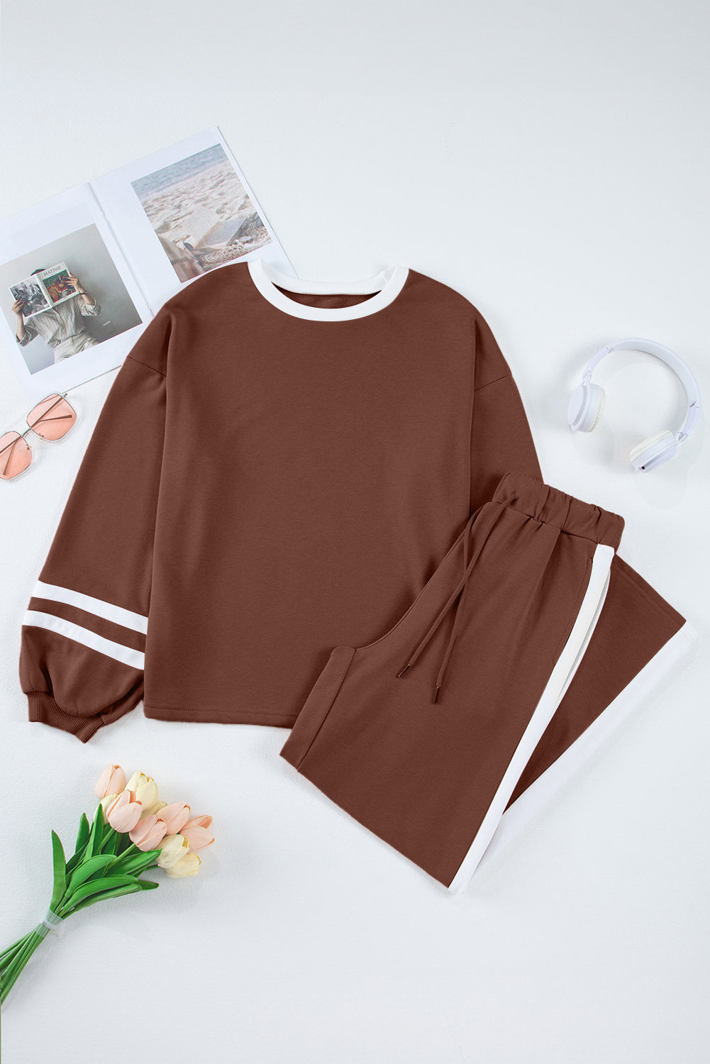 Mineral Red Varsity Stripe Patchwork Puff Sleeve Pullover Drawstring Wide Leg Pant Set