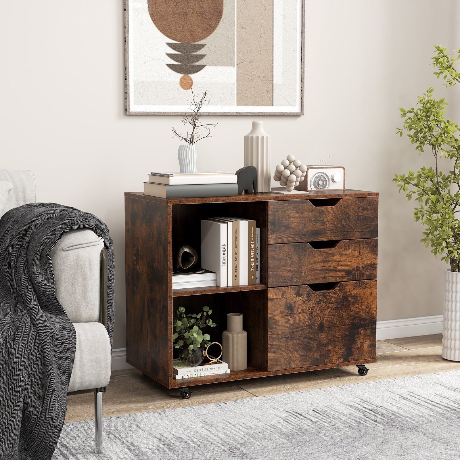 3-Drawer File Cabinet with Adjustable Shelf and Wheels for Letter