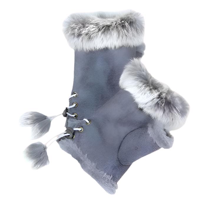 Fingerless Faux Fur Trim Faux Suede Gloves Drawstring