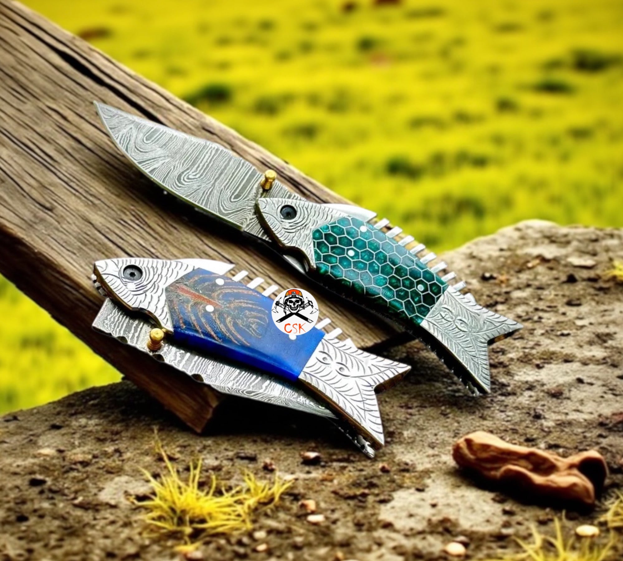 Fish Folding Pocket Knife Set 7" Damascus Steel Pocket Knife - PhishStones Products