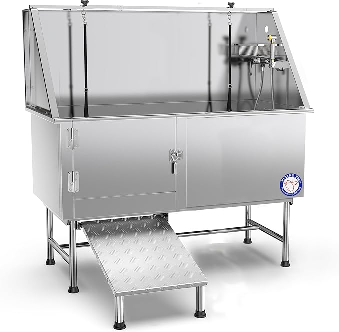 Flying Pig 62" Stainless Steel Pet Dog Grooming Bath Tub with Walk - in Ramp & Accessories (Left Door/Right Drain) - PhishStones Products