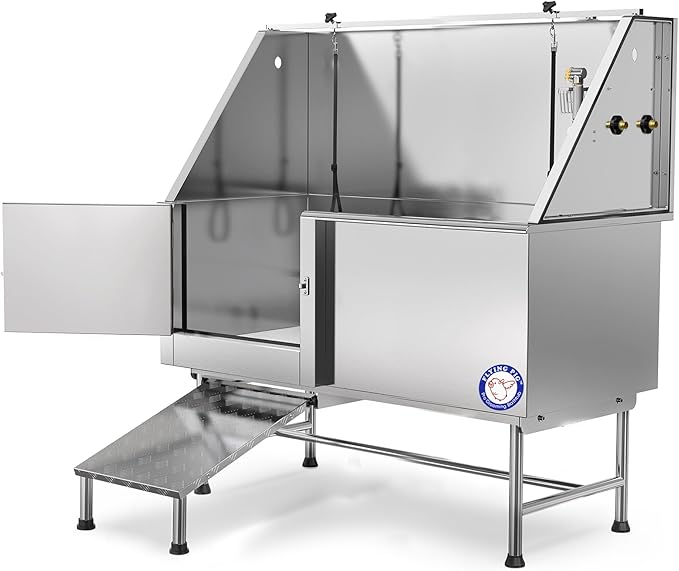 Flying Pig 62" Stainless Steel Pet Dog Grooming Bath Tub with Walk - in Ramp & Accessories (Left Door/Right Drain) - PhishStones Products