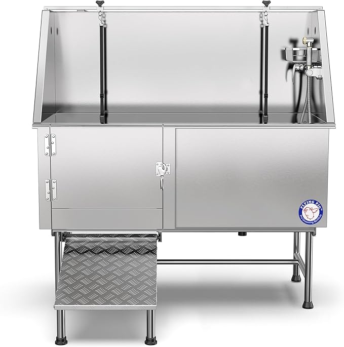 Flying Pig 62" Stainless Steel Pet Dog Grooming Bath Tub with Walk - in Ramp & Accessories (Left Door/Right Drain) - PhishStones Products
